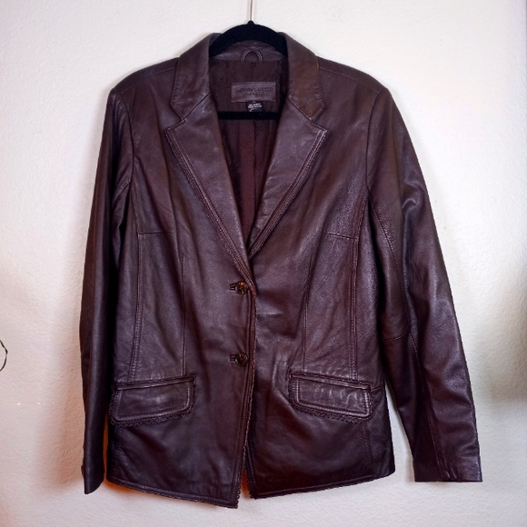 Jaclyn Smith Leather Rich Chocolate Burgundy Vintage Retro Tooled Blazer Jacket - Picture 1 of 10